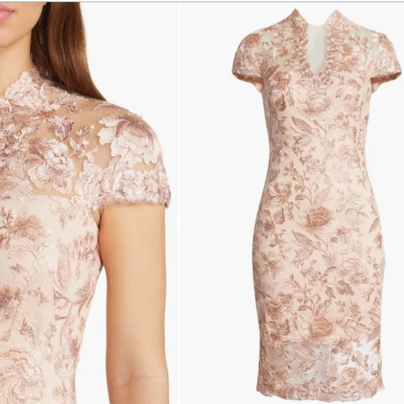 TADASHI SHOJI ANKUR FLORAL CAP SLEEVE SHEATH PEACH BLOSSOM DRESS sz 2 - Picture 2 of 7